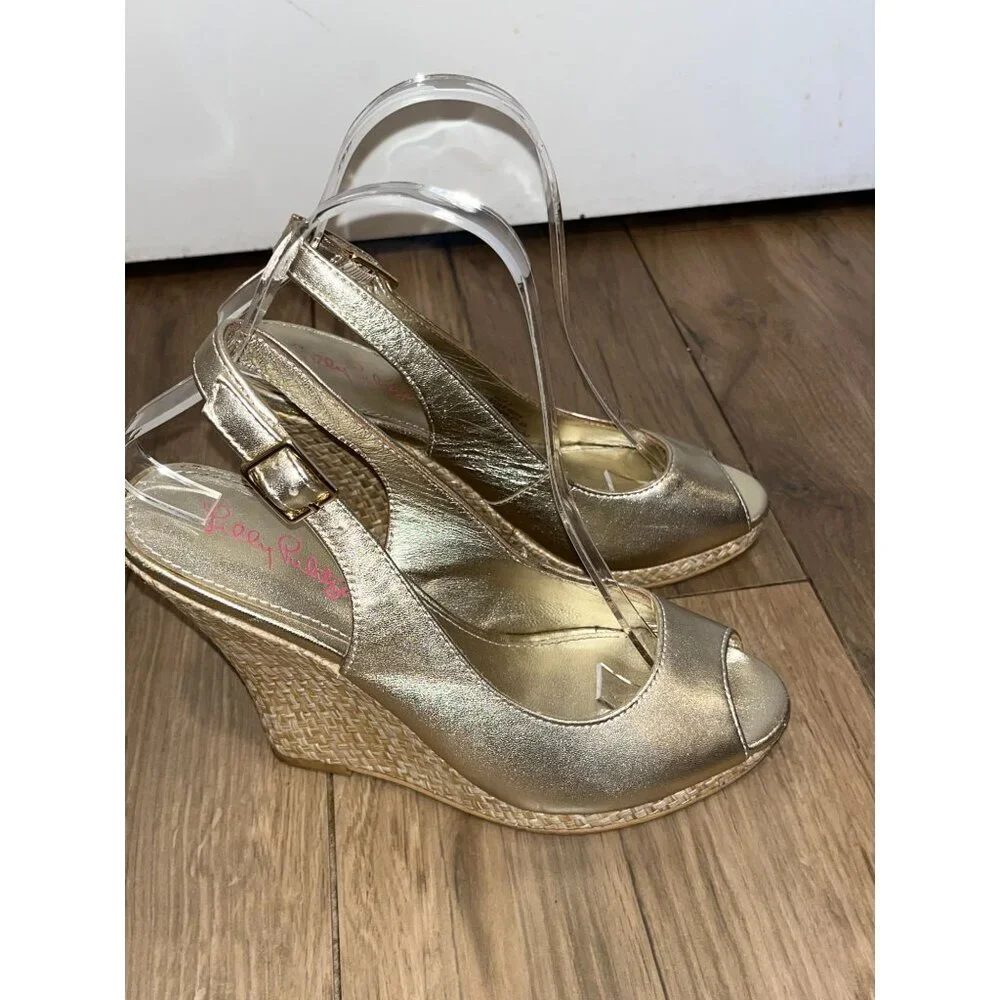 Lilly Pulitzer  Vintage Gold Peep Toe Slingback Wedge Leather Women's Heels Size